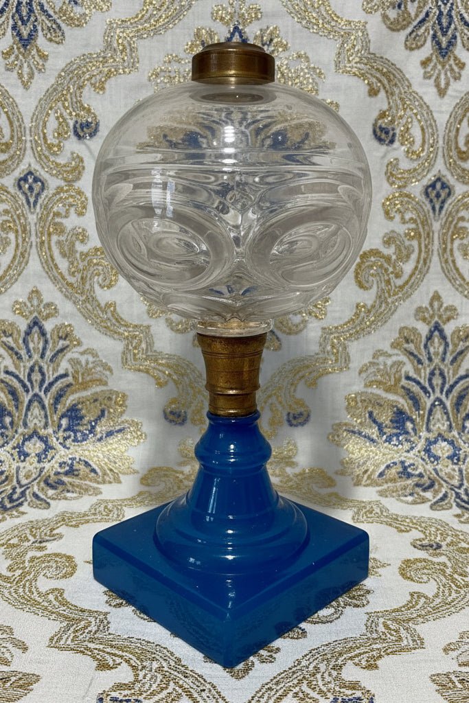 Double Bullseye Kerosene Stand Lamp w/ Clambroth Starch Blue BaseAntiquesEtcetera