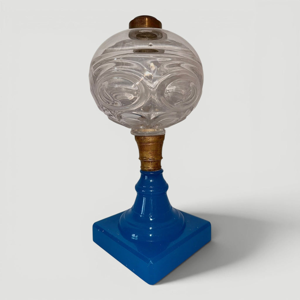 Double Bullseye Kerosene Stand Lamp w/ Clambroth Starch Blue BaseAntiquesEtcetera
