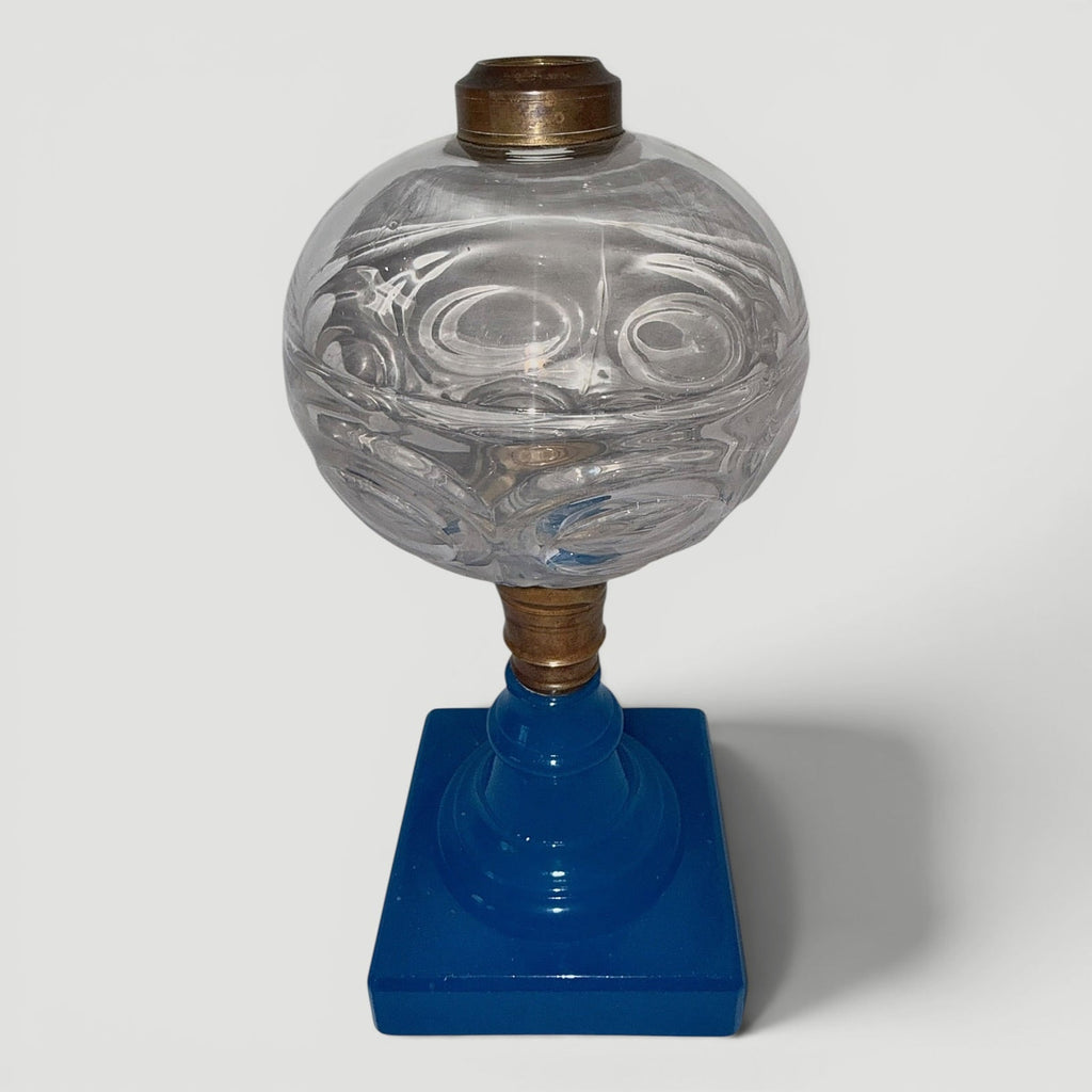 Double Bullseye Kerosene Stand Lamp w/ Clambroth Starch Blue BaseAntiquesEtcetera