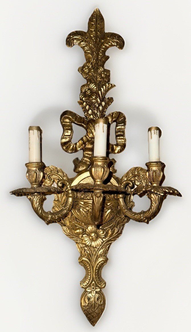Edwardian Revival 31.25” Wall Sconce 3 - Light Cast Brass Ornate by Crescent BM Co - AntiquesEtceteraEdwardian Revival 31.25” Wall Sconce 3 - Light Cast Brass Ornate by Crescent BM CoAntiquesEtceteraAntiquesEtcetera