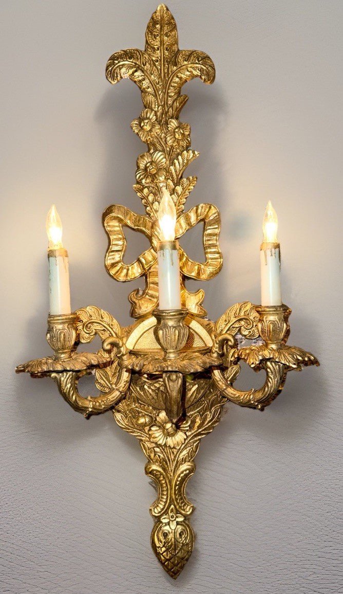 Edwardian Revival 31.25” Wall Sconce 3 - Light Cast Brass Ornate by Crescent BM Co - AntiquesEtceteraEdwardian Revival 31.25” Wall Sconce 3 - Light Cast Brass Ornate by Crescent BM CoAntiquesEtceteraAntiquesEtcetera