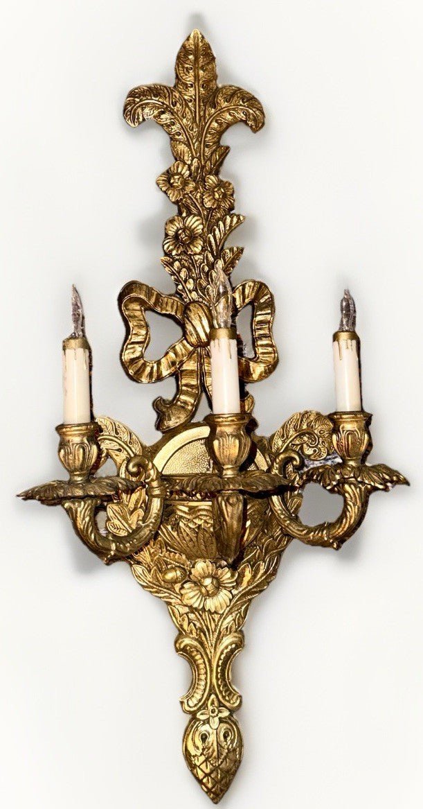 Edwardian Revival 31.25” Wall Sconce 3 - Light Cast Brass Ornate by Crescent BM Co - AntiquesEtceteraEdwardian Revival 31.25” Wall Sconce 3 - Light Cast Brass Ornate by Crescent BM CoAntiquesEtceteraAntiquesEtcetera