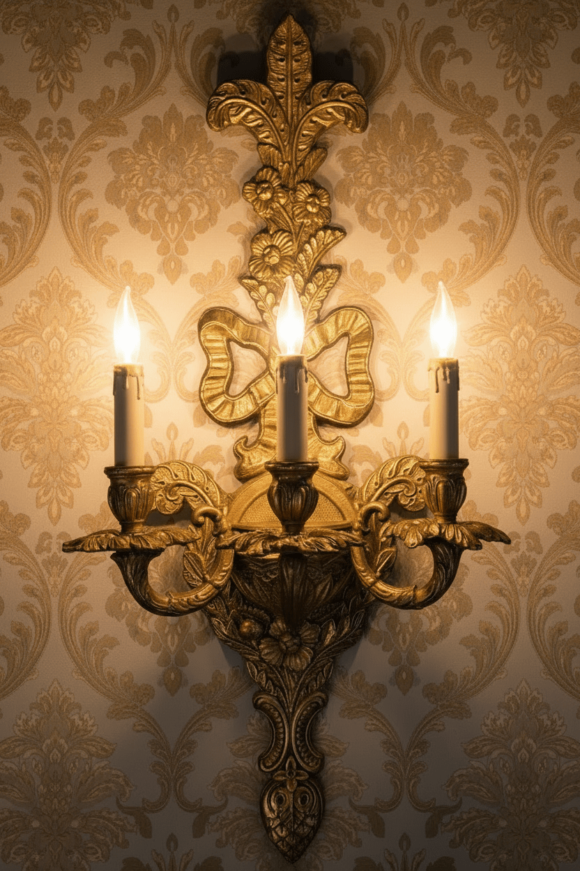 Edwardian Revival 31.25” Wall Sconce 3 - Light Cast Brass Ornate by Crescent BM Co - AntiquesEtceteraEdwardian Revival 31.25” Wall Sconce 3 - Light Cast Brass Ornate by Crescent BM CoAntiquesEtceteraAntiquesEtcetera