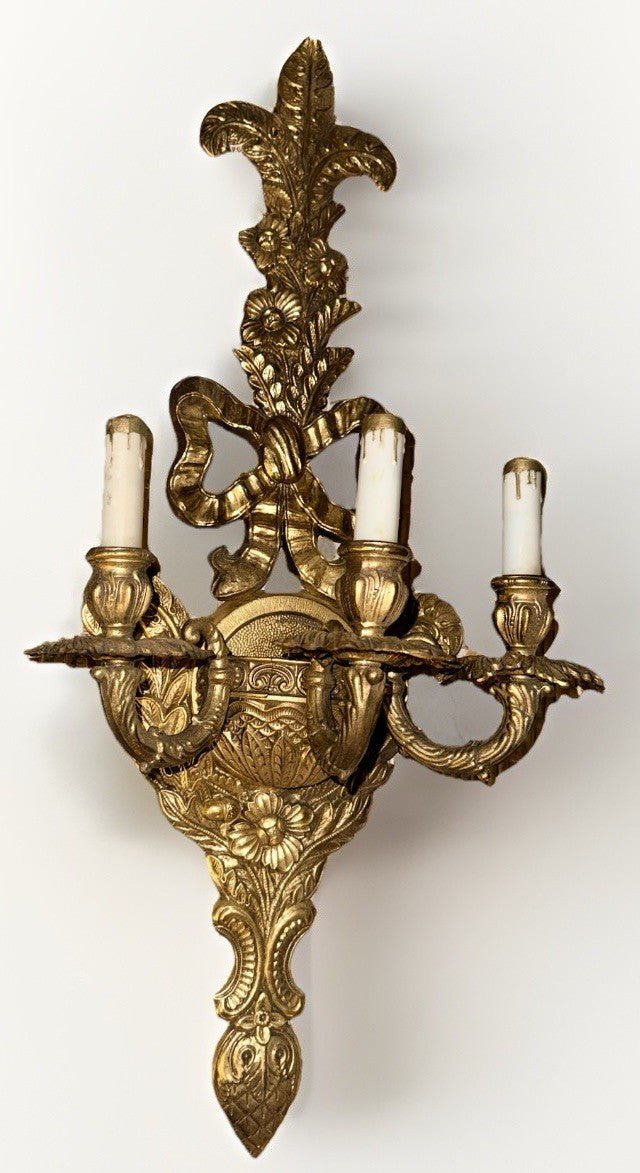 Edwardian Revival 31.25” Wall Sconce 3 - Light Cast Brass Ornate by Crescent BM Co - AntiquesEtceteraEdwardian Revival 31.25” Wall Sconce 3 - Light Cast Brass Ornate by Crescent BM CoAntiquesEtceteraAntiquesEtcetera