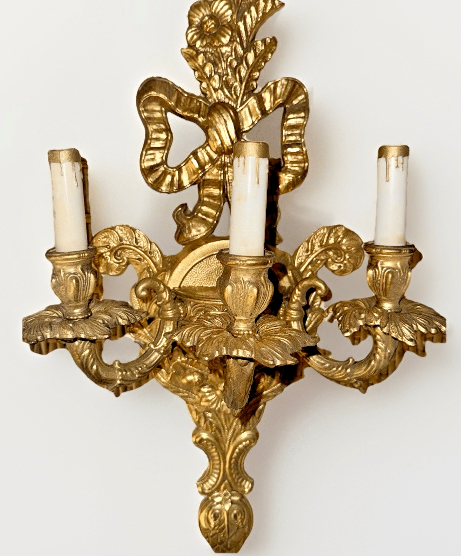 Edwardian Revival 31.25” Wall Sconce 3 - Light Cast Brass Ornate by Crescent BM Co - AntiquesEtceteraEdwardian Revival 31.25” Wall Sconce 3 - Light Cast Brass Ornate by Crescent BM CoAntiquesEtceteraAntiquesEtcetera