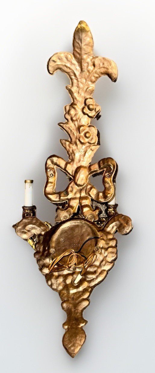 Edwardian Revival 31.25” Wall Sconce 3 - Light Cast Brass Ornate by Crescent BM Co - AntiquesEtceteraEdwardian Revival 31.25” Wall Sconce 3 - Light Cast Brass Ornate by Crescent BM CoAntiquesEtceteraAntiquesEtcetera