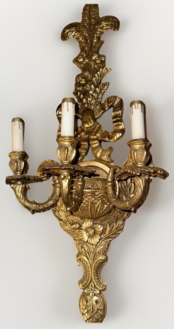 Edwardian Revival 31.25” Wall Sconce 3 - Light Cast Brass Ornate by Crescent BM Co - AntiquesEtceteraEdwardian Revival 31.25” Wall Sconce 3 - Light Cast Brass Ornate by Crescent BM CoAntiquesEtceteraAntiquesEtcetera