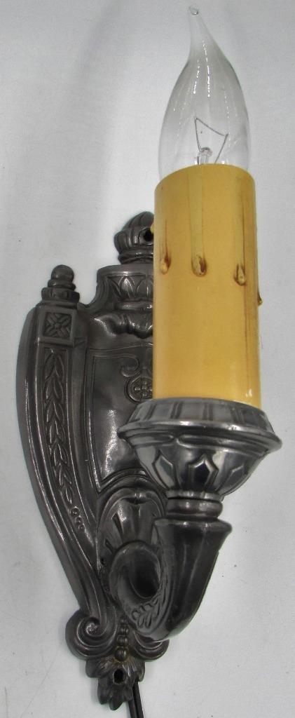 Electrified Candelabra Wall Sconce Cast Metal Art Deco Shield & Wreath Antique - AntiquesEtceteraElectrified Candelabra Wall Sconce Cast Metal Art Deco Shield & Wreath AntiqueAntiquesEtceteraAntiquesEtcetera