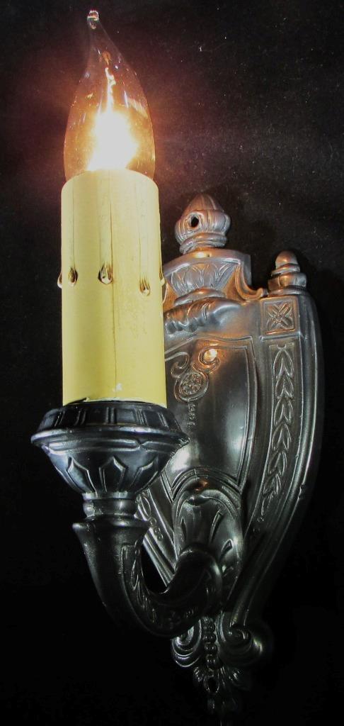 Electrified Candelabra Wall Sconce Cast Metal Art Deco Shield & Wreath Antique - AntiquesEtceteraElectrified Candelabra Wall Sconce Cast Metal Art Deco Shield & Wreath AntiqueAntiquesEtceteraAntiquesEtcetera