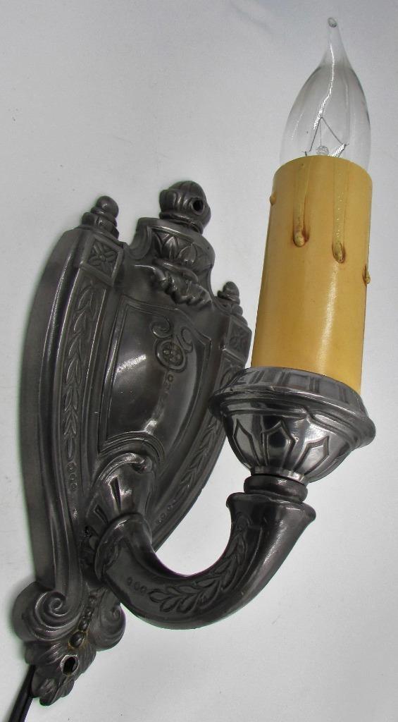 Electrified Candelabra Wall Sconce Cast Metal Art Deco Shield & Wreath Antique - AntiquesEtceteraElectrified Candelabra Wall Sconce Cast Metal Art Deco Shield & Wreath AntiqueAntiquesEtceteraAntiquesEtcetera