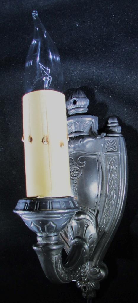 Electrified Candelabra Wall Sconce Cast Metal Art Deco Shield & Wreath Antique - AntiquesEtceteraElectrified Candelabra Wall Sconce Cast Metal Art Deco Shield & Wreath AntiqueAntiquesEtceteraAntiquesEtcetera