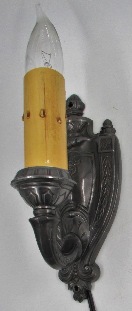 Electrified Candelabra Wall Sconce Cast Metal Art Deco Shield & Wreath Antique - AntiquesEtceteraElectrified Candelabra Wall Sconce Cast Metal Art Deco Shield & Wreath AntiqueAntiquesEtceteraAntiquesEtcetera