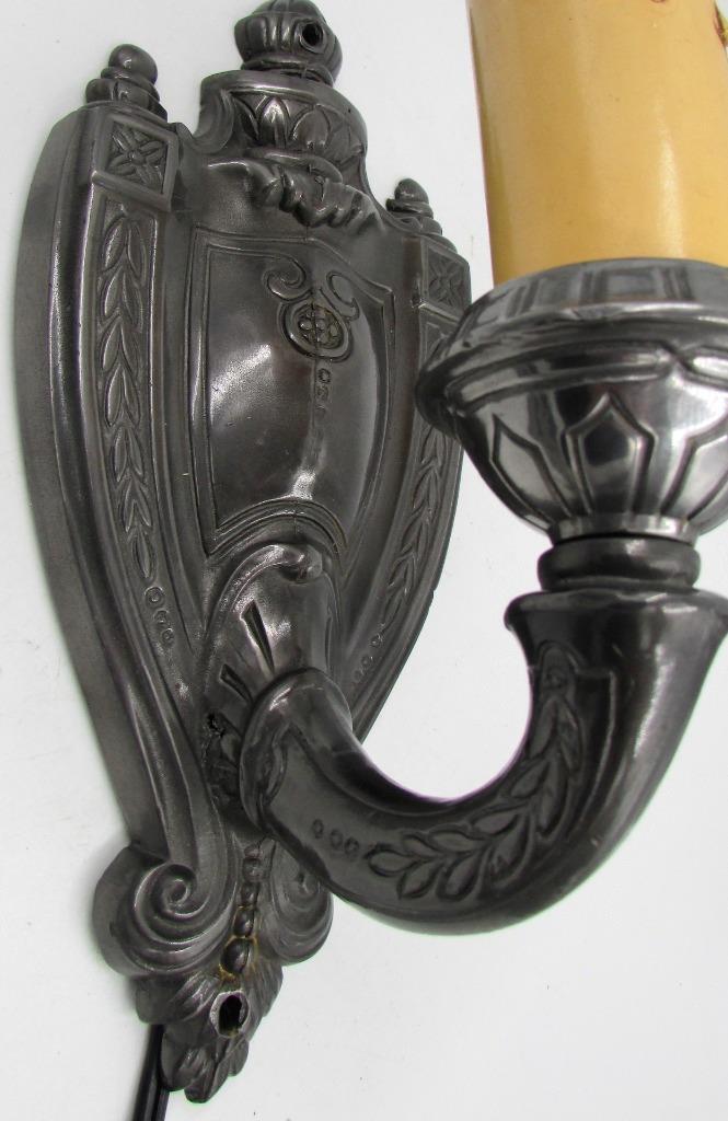 Electrified Candelabra Wall Sconce Cast Metal Art Deco Shield & Wreath Antique - AntiquesEtceteraElectrified Candelabra Wall Sconce Cast Metal Art Deco Shield & Wreath AntiqueAntiquesEtceteraAntiquesEtcetera