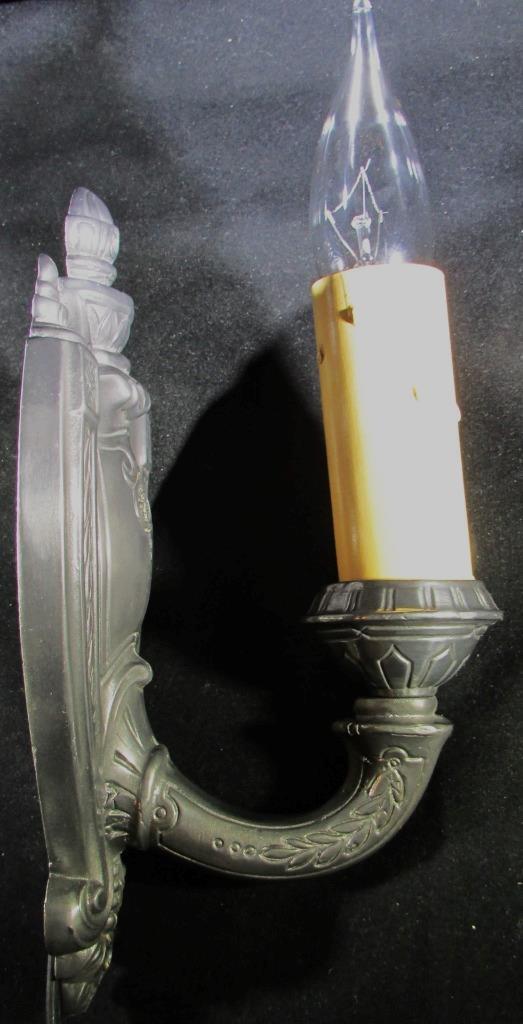 Electrified Candelabra Wall Sconce Cast Metal Art Deco Shield & Wreath Antique - AntiquesEtceteraElectrified Candelabra Wall Sconce Cast Metal Art Deco Shield & Wreath AntiqueAntiquesEtceteraAntiquesEtcetera