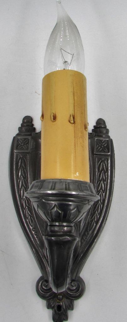 Electrified Candelabra Wall Sconce Cast Metal Art Deco Shield & Wreath Antique - AntiquesEtceteraElectrified Candelabra Wall Sconce Cast Metal Art Deco Shield & Wreath AntiqueAntiquesEtceteraAntiquesEtcetera