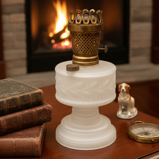 Farmor Kerosene Lamp Satin White with Model A Burner - Both Rare & HTFAntiquesEtcetera