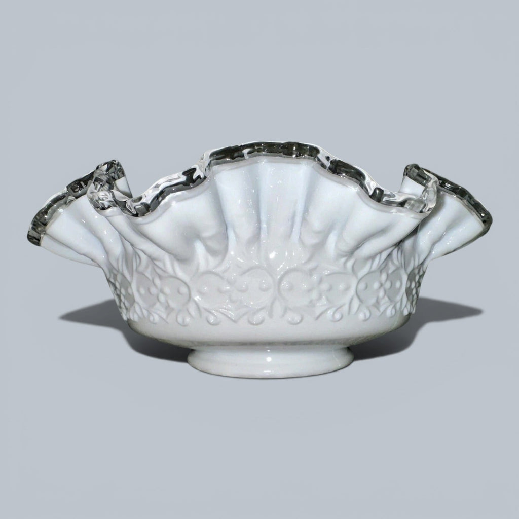 Fenton Milk Glass Ruffled 10" Bowl Silver Crest w/ Heart & Floral Embossed MotifAntiquesEtcetera