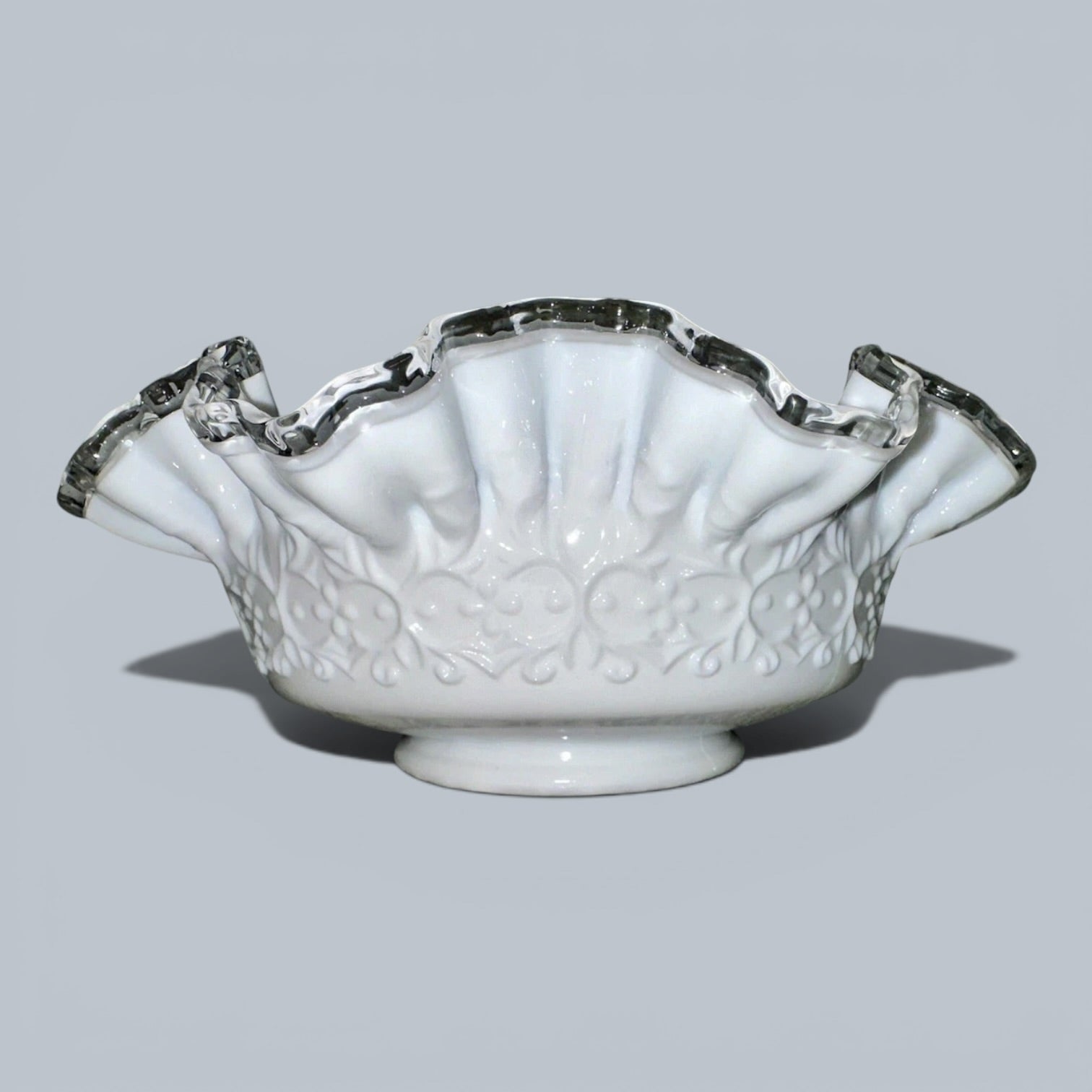 Fenton Milk Glass Ruffled 10" Bowl Silver Crest w/ Heart & Floral Embossed MotifAntiquesEtcetera
