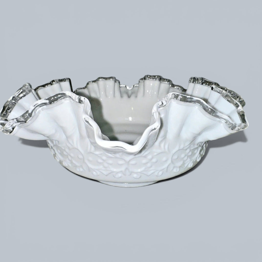 Fenton Milk Glass Ruffled 10" Bowl Silver Crest w/ Heart & Floral Embossed MotifAntiquesEtcetera