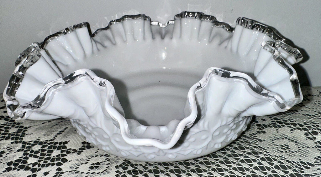 Fenton Milk Glass Ruffled 10" Bowl Silver Crest w/ Heart & Floral Embossed Motif - AntiquesEtceteraFenton Milk Glass Ruffled 10" Bowl Silver Crest w/ Heart & Floral Embossed MotifFentonAntiquesEtcetera