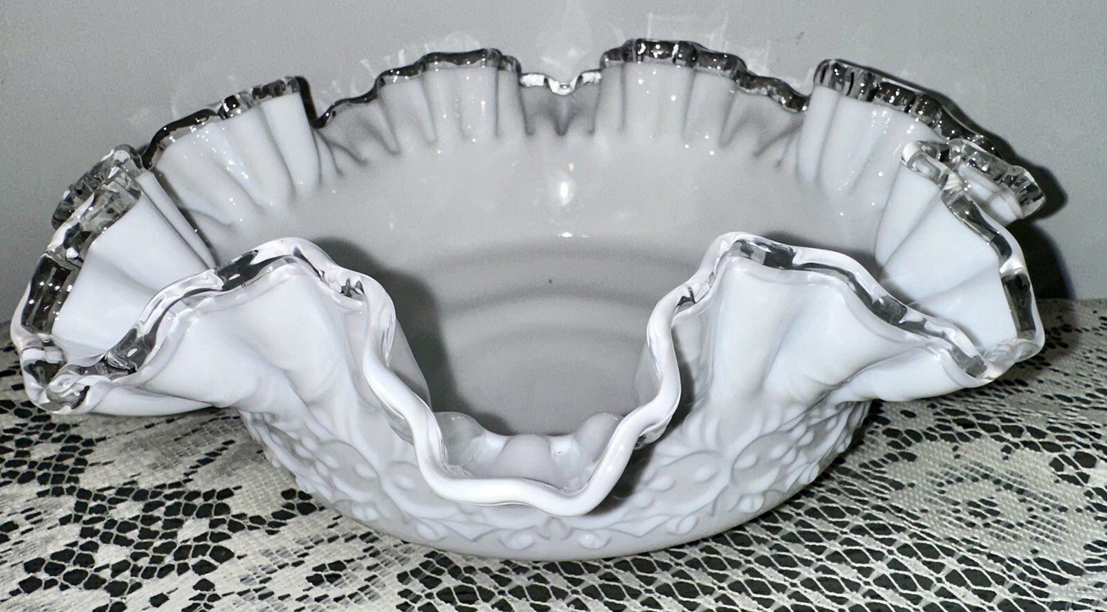 Fenton Milk Glass Ruffled 10" Bowl Silver Crest w/ Heart & Floral Embossed Motif - AntiquesEtceteraFenton Milk Glass Ruffled 10" Bowl Silver Crest w/ Heart & Floral Embossed MotifFentonAntiquesEtcetera