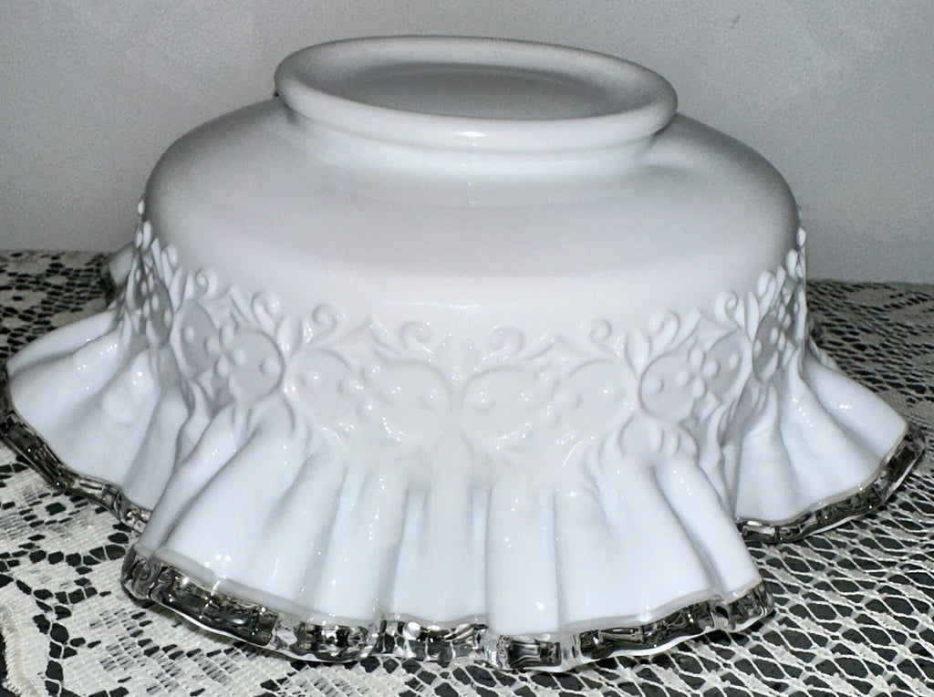 Fenton Milk Glass Ruffled 10" Bowl Silver Crest w/ Heart & Floral Embossed Motif - AntiquesEtceteraFenton Milk Glass Ruffled 10" Bowl Silver Crest w/ Heart & Floral Embossed MotifFentonAntiquesEtcetera