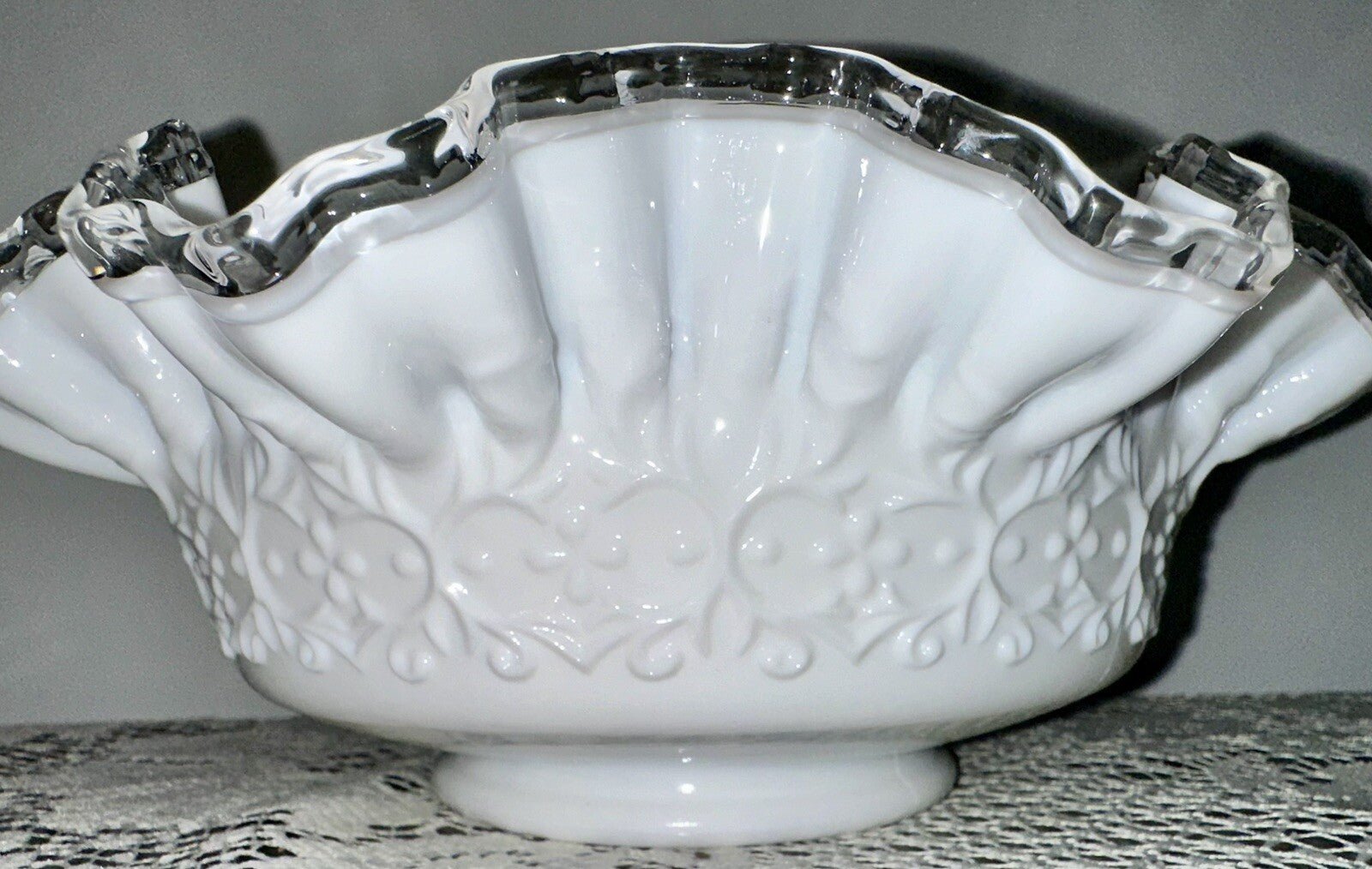Fenton Milk Glass Ruffled 10" Bowl Silver Crest w/ Heart & Floral Embossed Motif - AntiquesEtceteraFenton Milk Glass Ruffled 10" Bowl Silver Crest w/ Heart & Floral Embossed MotifFentonAntiquesEtcetera