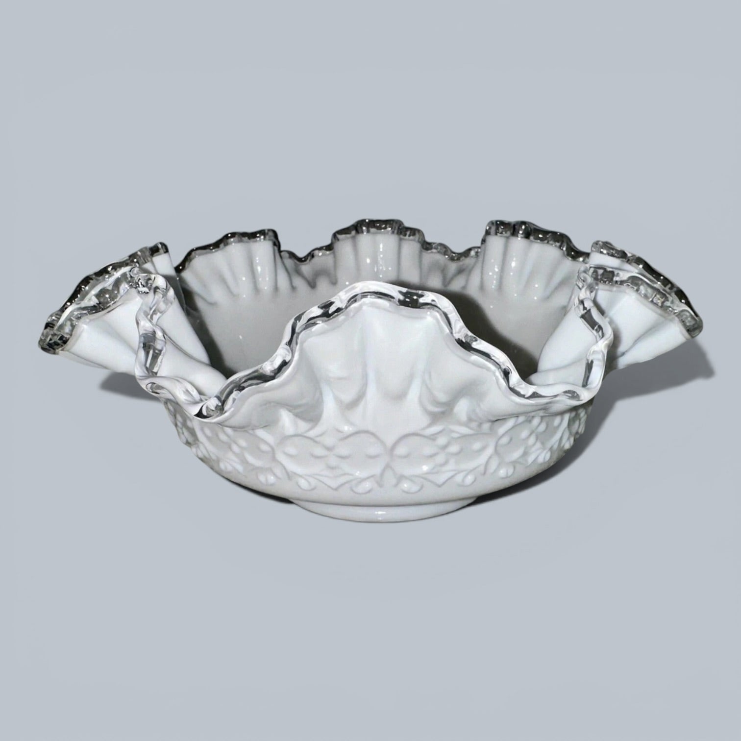 Fenton Milk Glass Ruffled 10" Bowl Silver Crest w/ Heart & Floral Embossed Motif - AntiquesEtceteraFenton Milk Glass Ruffled 10" Bowl Silver Crest w/ Heart & Floral Embossed MotifFenton Silver Crest BowlFentonAntiquesEtcetera