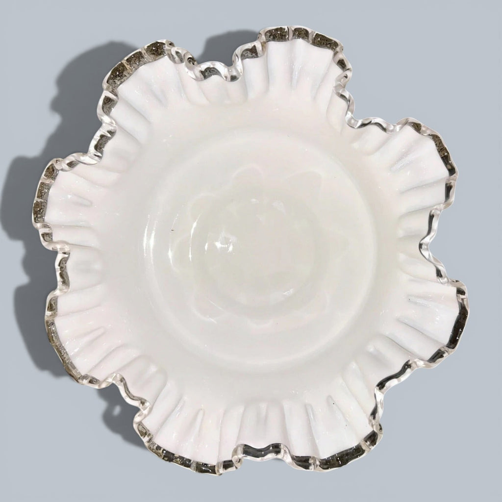 Fenton Milk Glass Ruffled 10" Bowl Silver Crest w/ Heart & Floral Embossed MotifAntiquesEtcetera