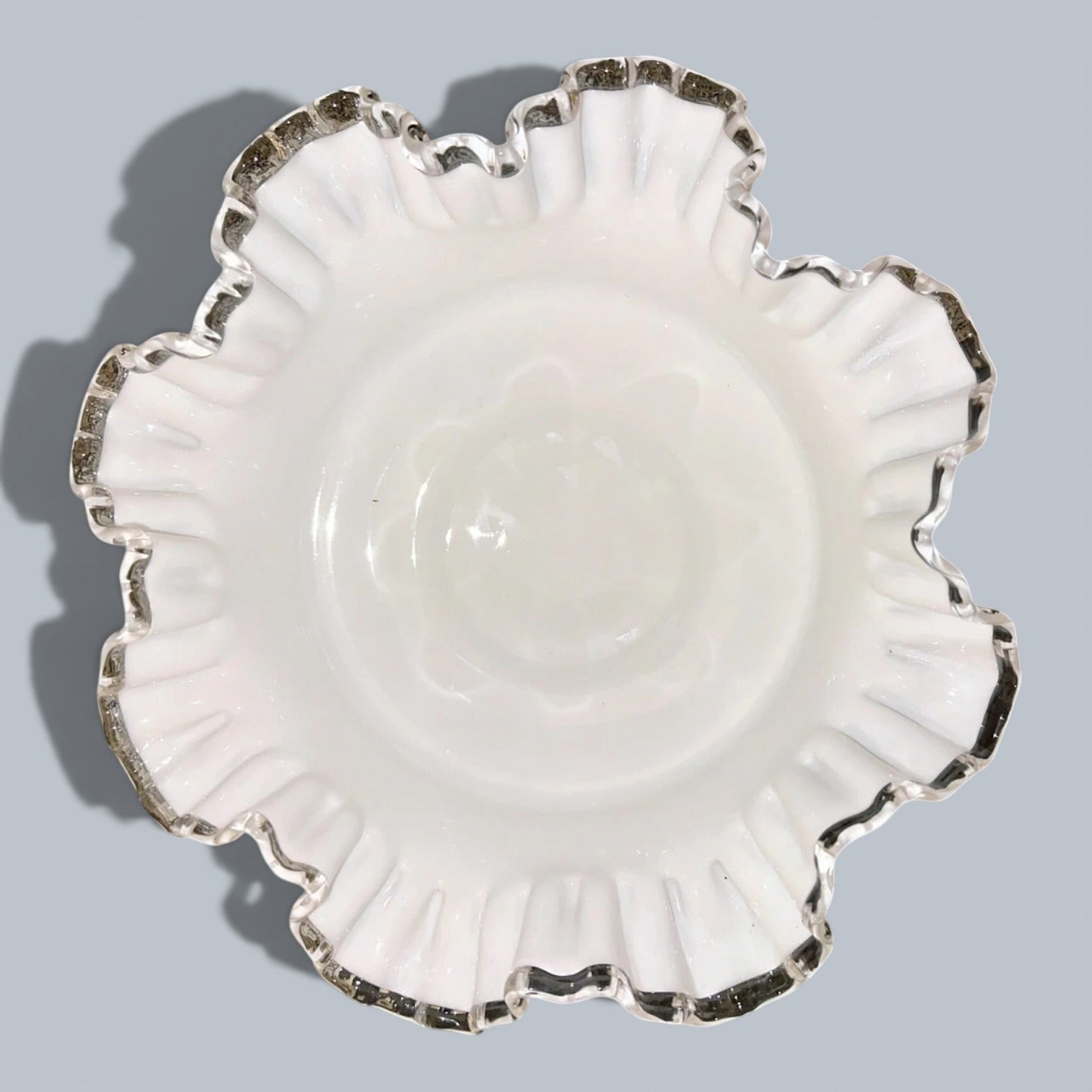 Fenton Milk Glass Ruffled 10" Bowl Silver Crest w/ Heart & Floral Embossed MotifAntiquesEtcetera