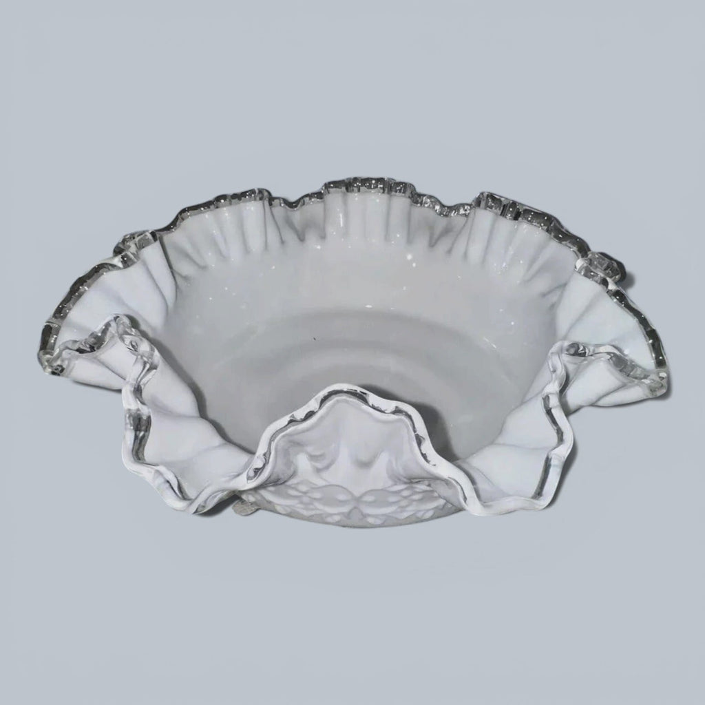 Fenton Milk Glass Ruffled 10" Bowl Silver Crest w/ Heart & Floral Embossed MotifAntiquesEtcetera