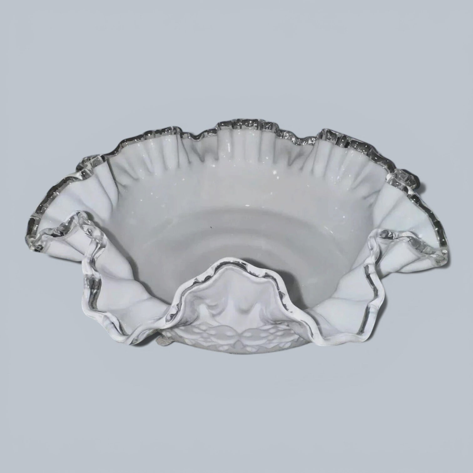 Fenton Milk Glass Ruffled 10" Bowl Silver Crest w/ Heart & Floral Embossed MotifAntiquesEtcetera