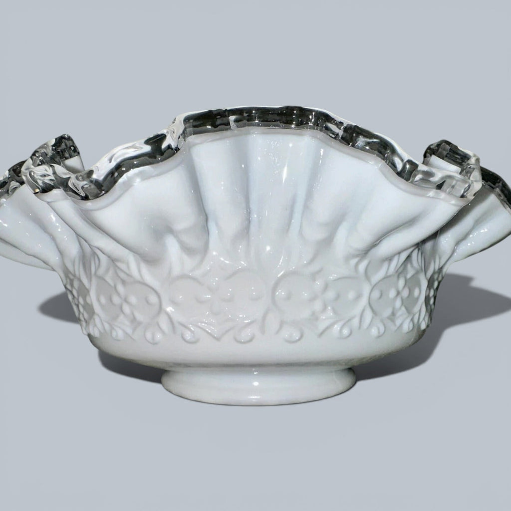 Fenton Milk Glass Ruffled 10" Bowl Silver Crest w/ Heart & Floral Embossed MotifAntiquesEtcetera