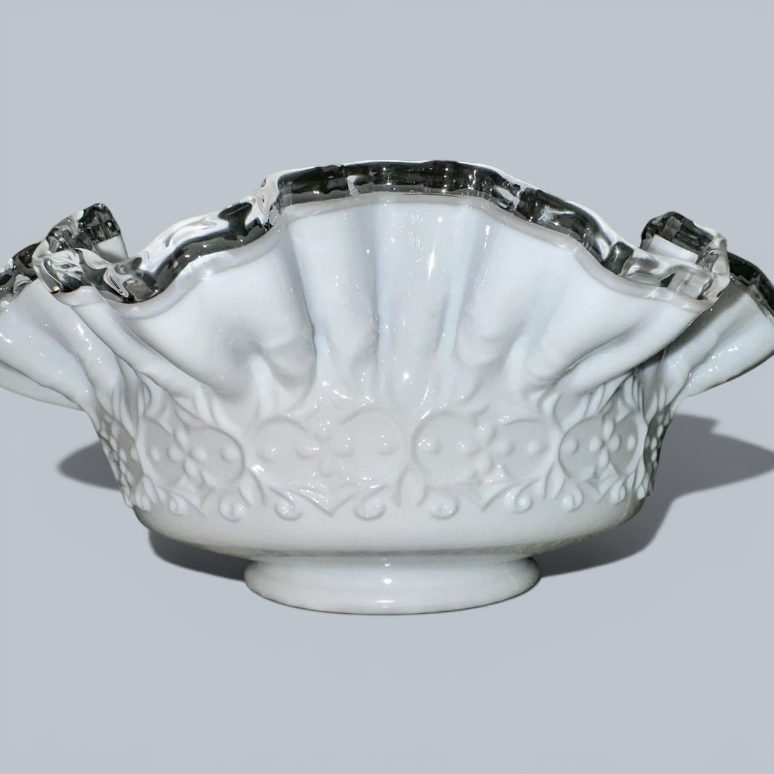 Fenton Milk Glass Ruffled 10" Bowl Silver Crest w/ Heart & Floral Embossed Motif - AntiquesEtceteraFenton Milk Glass Ruffled 10" Bowl Silver Crest w/ Heart & Floral Embossed MotifFenton Silver Crest BowlFentonAntiquesEtcetera