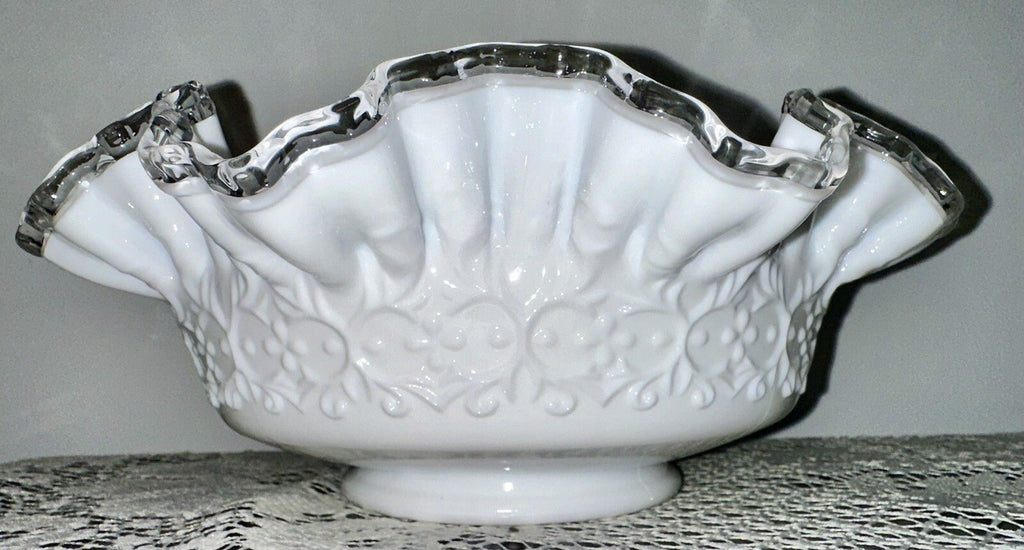 Fenton Milk Glass Ruffled 10" Bowl Silver Crest w/ Heart & Floral Embossed Motif - AntiquesEtceteraFenton Milk Glass Ruffled 10" Bowl Silver Crest w/ Heart & Floral Embossed MotifFentonAntiquesEtcetera