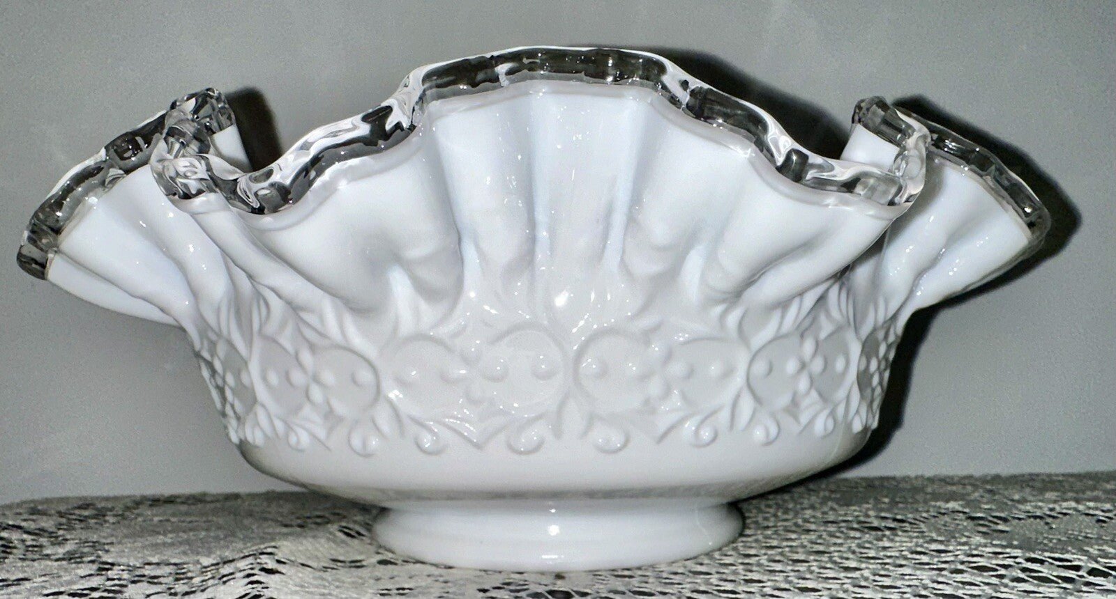 Fenton Milk Glass Ruffled 10" Bowl Silver Crest w/ Heart & Floral Embossed Motif - AntiquesEtceteraFenton Milk Glass Ruffled 10" Bowl Silver Crest w/ Heart & Floral Embossed MotifFentonAntiquesEtcetera