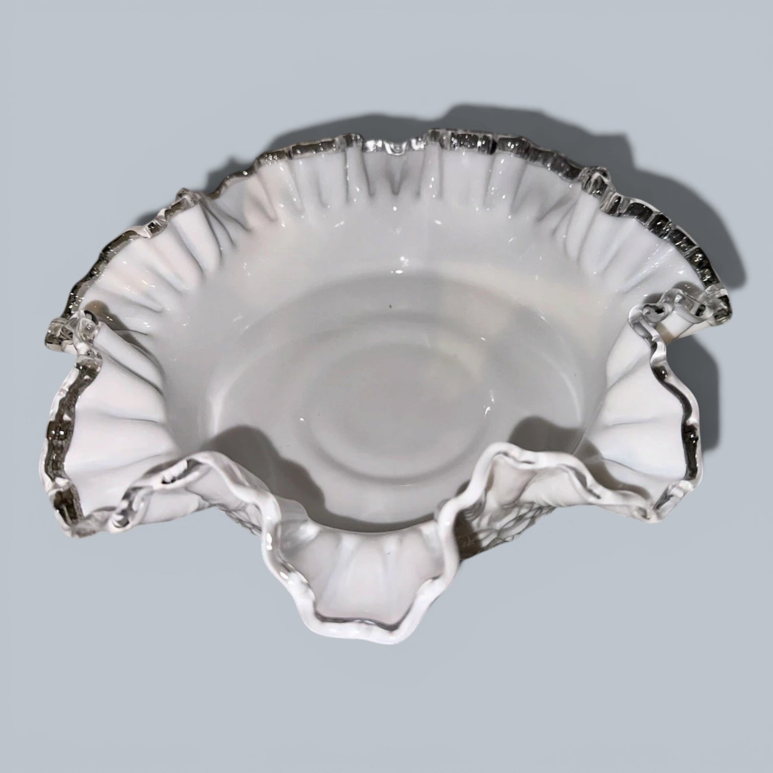 Fenton Milk Glass Ruffled 10" Bowl Silver Crest w/ Heart & Floral Embossed Motif - AntiquesEtceteraFenton Milk Glass Ruffled 10" Bowl Silver Crest w/ Heart & Floral Embossed MotifFenton Silver Crest BowlFentonAntiquesEtcetera