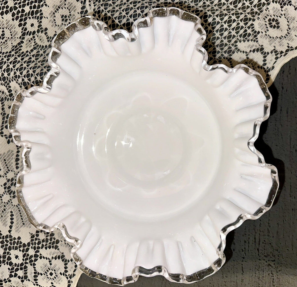 Fenton Milk Glass Ruffled 10" Bowl Silver Crest w/ Heart & Floral Embossed Motif - AntiquesEtceteraFenton Milk Glass Ruffled 10" Bowl Silver Crest w/ Heart & Floral Embossed MotifFentonAntiquesEtcetera
