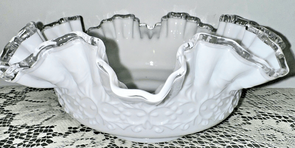 Fenton Milk Glass Ruffled 10" Bowl Silver Crest w/ Heart & Floral Embossed Motif - AntiquesEtceteraFenton Milk Glass Ruffled 10" Bowl Silver Crest w/ Heart & Floral Embossed MotifFentonAntiquesEtcetera