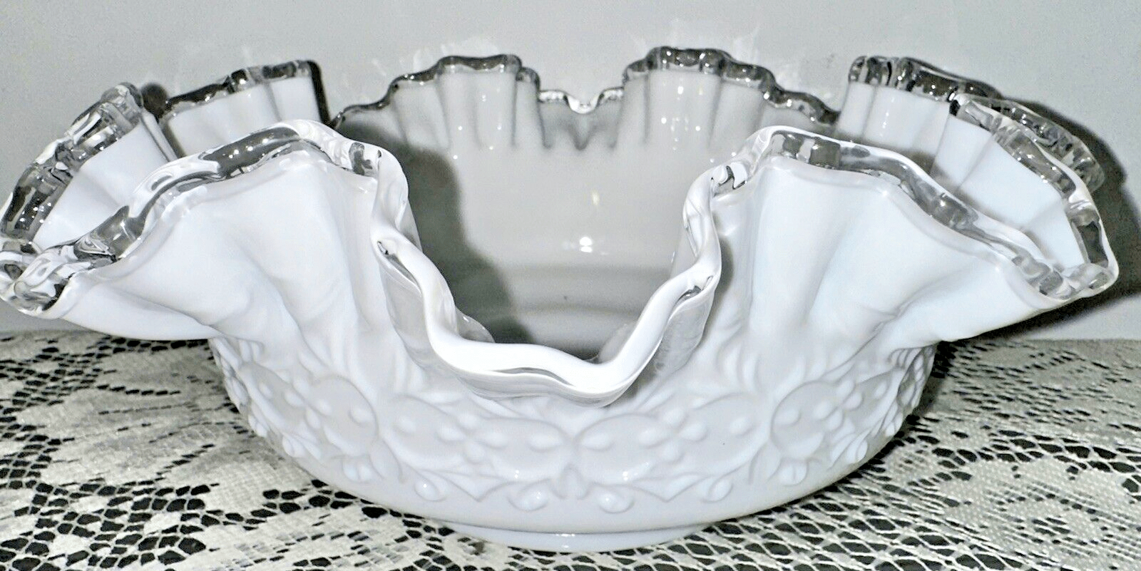 Fenton Milk Glass Ruffled 10" Bowl Silver Crest w/ Heart & Floral Embossed Motif - AntiquesEtceteraFenton Milk Glass Ruffled 10" Bowl Silver Crest w/ Heart & Floral Embossed MotifFentonAntiquesEtcetera