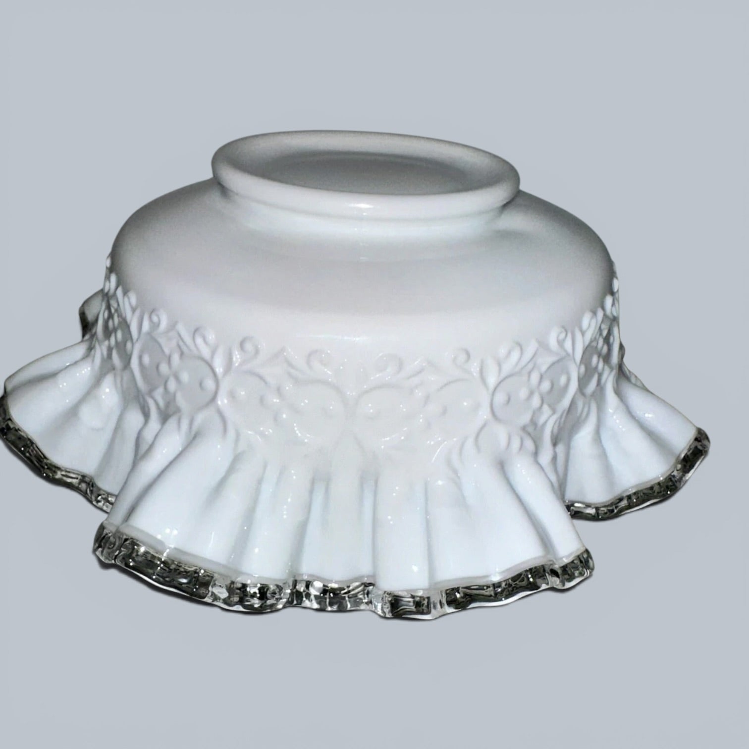 Fenton Milk Glass Ruffled 10" Bowl Silver Crest w/ Heart & Floral Embossed MotifAntiquesEtcetera