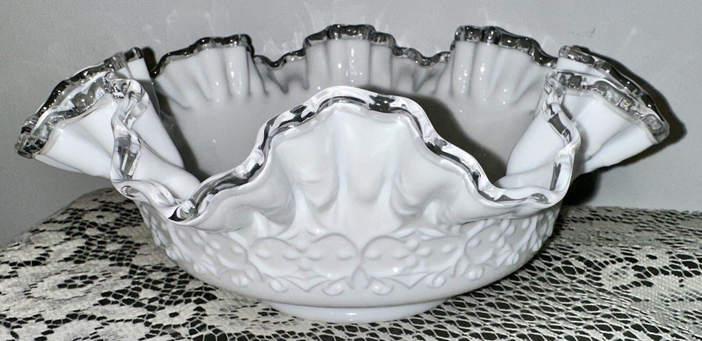 Fenton Milk Glass Ruffled 10" Bowl Silver Crest w/ Heart & Floral Embossed Motif - AntiquesEtceteraFenton Milk Glass Ruffled 10" Bowl Silver Crest w/ Heart & Floral Embossed MotifFentonAntiquesEtcetera