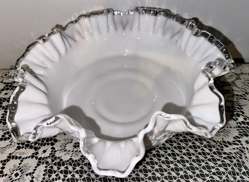 Fenton Milk Glass Ruffled 10" Bowl Silver Crest w/ Heart & Floral Embossed Motif - AntiquesEtceteraFenton Milk Glass Ruffled 10" Bowl Silver Crest w/ Heart & Floral Embossed MotifFentonAntiquesEtcetera