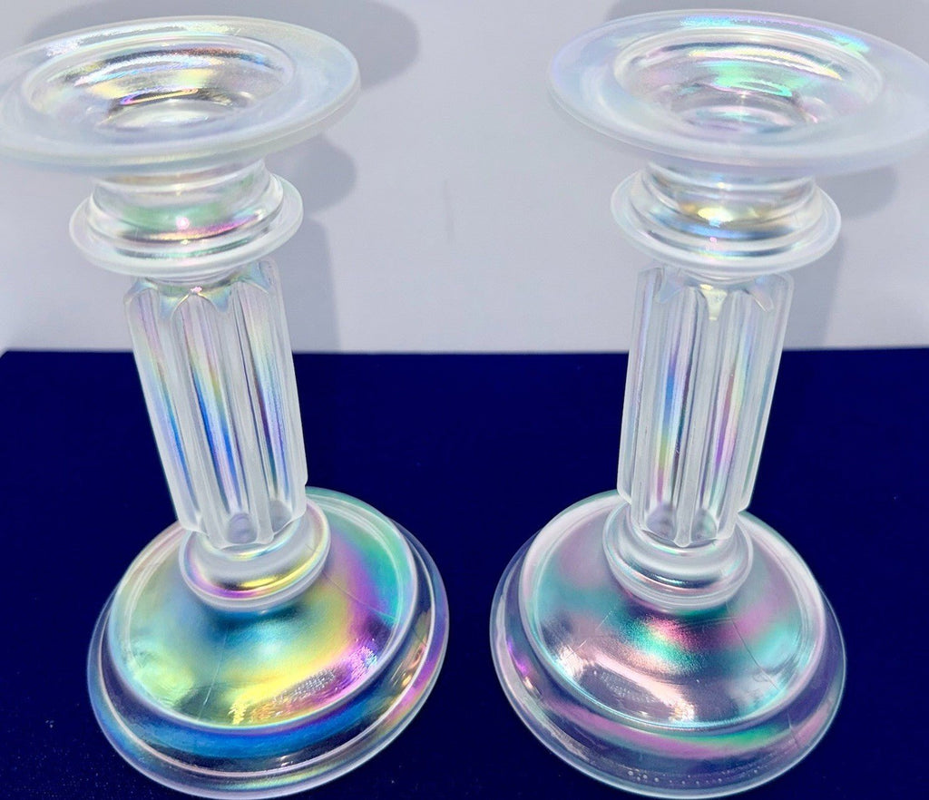 Fenton Rainbow Ice Iridescent Glass Candlesticks Pair Opalescent Vertical Flutes - AntiquesEtceteraFenton Rainbow Ice Iridescent Glass Candlesticks Pair Opalescent Vertical FlutesFentonAntiquesEtcetera