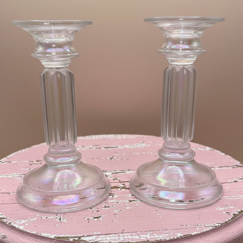 Fenton Rainbow Ice Iridescent Glass Candlesticks Pair Opalescent Vertical Flutes - AntiquesEtceteraFenton Rainbow Ice Iridescent Glass Candlesticks Pair Opalescent Vertical FlutesFentonAntiquesEtcetera