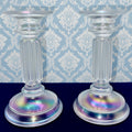 Fenton Rainbow Ice Iridescent Glass Candlesticks Pair Opalescent Vertical FlutesAntiquesEtcetera