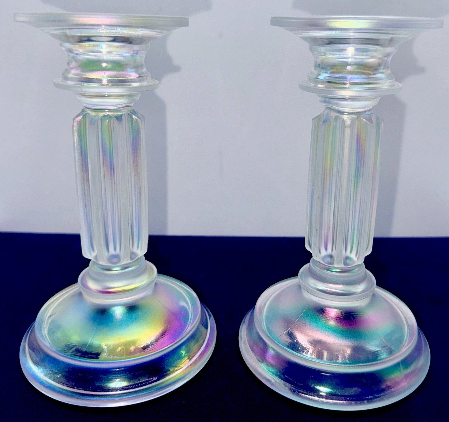 Fenton Rainbow Ice Iridescent Glass Candlesticks Pair Opalescent Vertical Flutes - AntiquesEtceteraFenton Rainbow Ice Iridescent Glass Candlesticks Pair Opalescent Vertical FlutesFentonAntiquesEtcetera