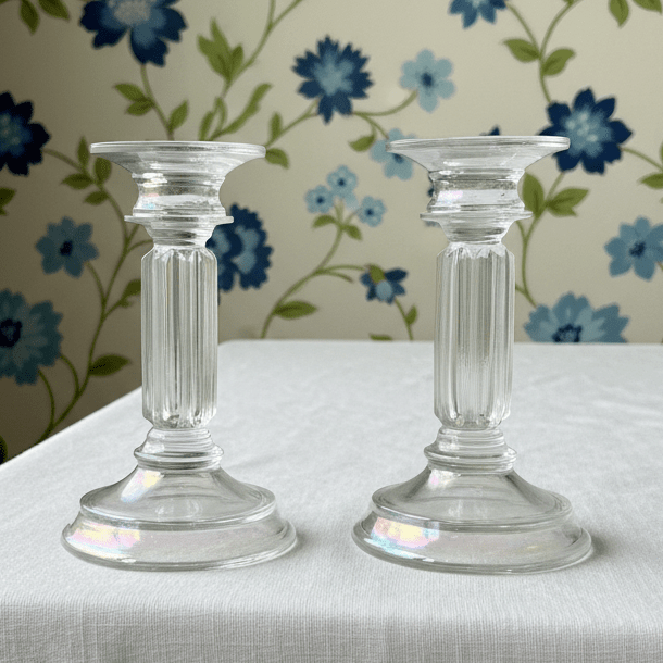 Fenton Rainbow Ice Iridescent Glass Candlesticks Pair Opalescent Vertical Flutes - AntiquesEtceteraFenton Rainbow Ice Iridescent Glass Candlesticks Pair Opalescent Vertical FlutesFentonAntiquesEtcetera