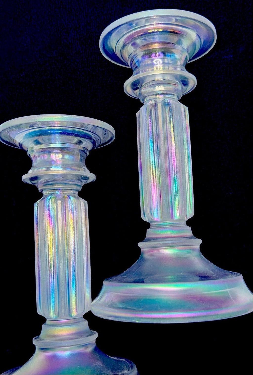 Fenton Rainbow Ice Iridescent Glass Candlesticks Pair Opalescent Vertical Flutes - AntiquesEtceteraFenton Rainbow Ice Iridescent Glass Candlesticks Pair Opalescent Vertical FlutesFentonAntiquesEtcetera