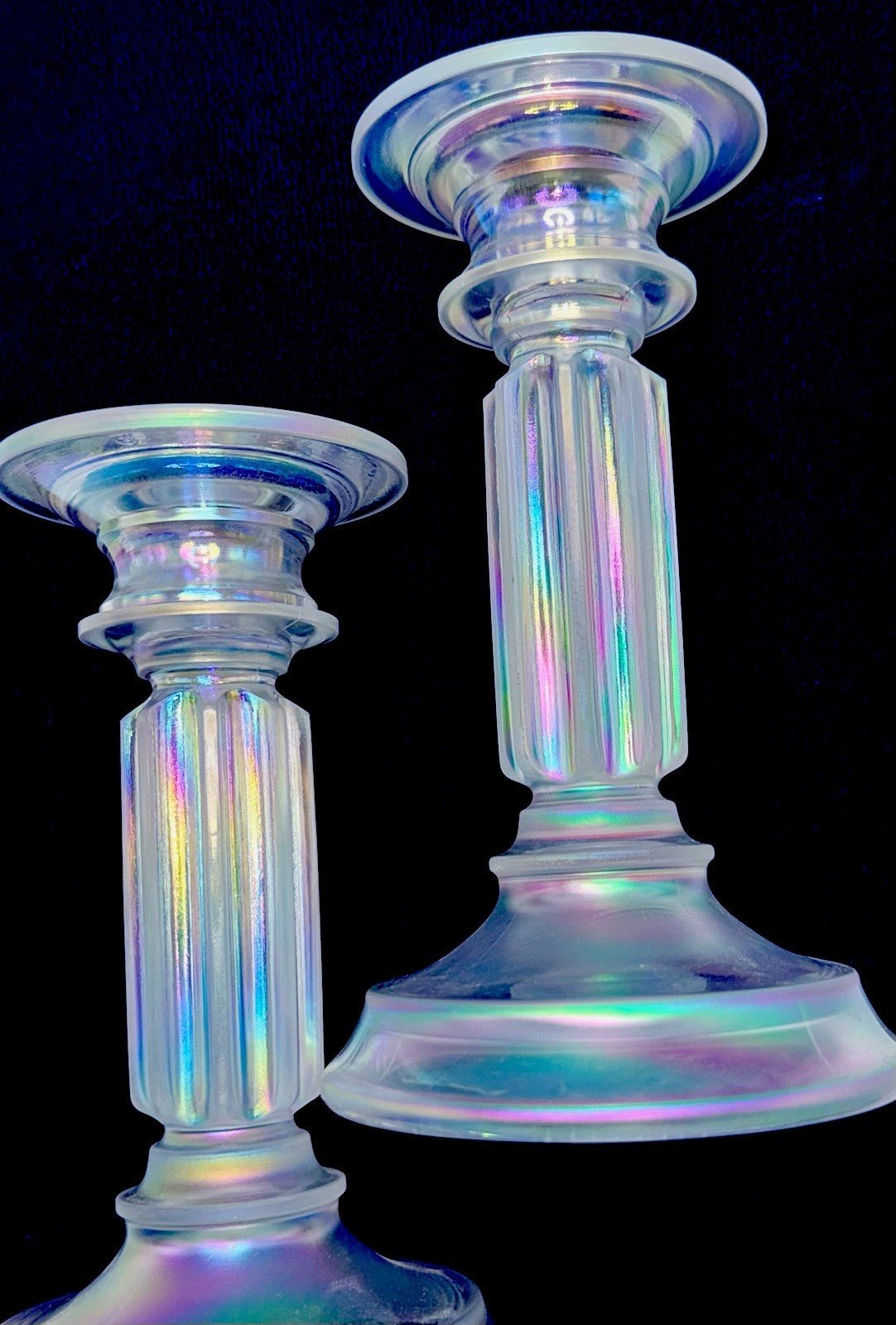 Fenton Rainbow Ice Iridescent Glass Candlesticks Pair Opalescent Vertical Flutes - AntiquesEtceteraFenton Rainbow Ice Iridescent Glass Candlesticks Pair Opalescent Vertical FlutesFentonAntiquesEtcetera